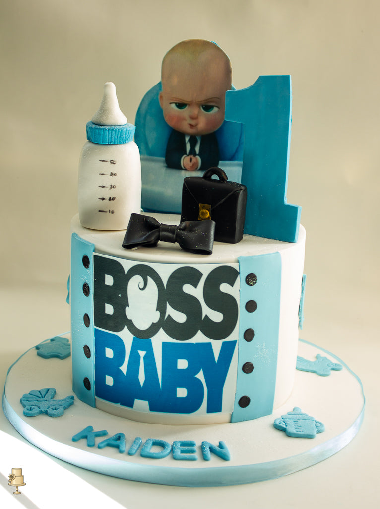 Cake with fondant baby bottle, briefcase and edible photos