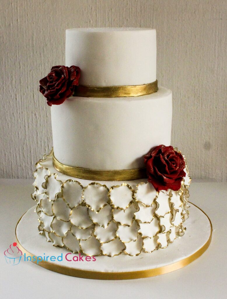 3 tier wedding cake white sugar roses petals