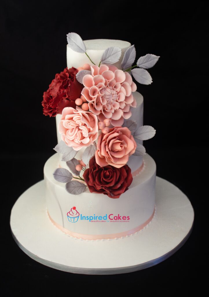 3 tier elegant birthday cake with sugar flowers