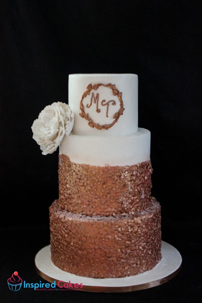 3 tier rose gold sequin wedding cake