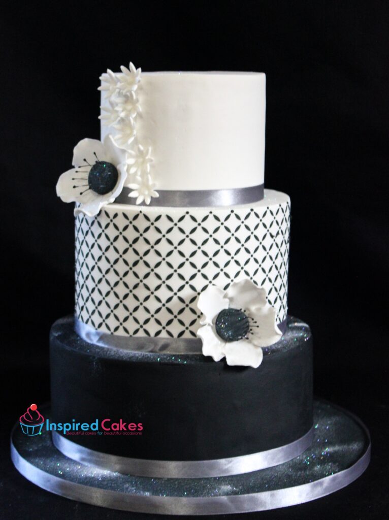 3 tier black and white wedding cake