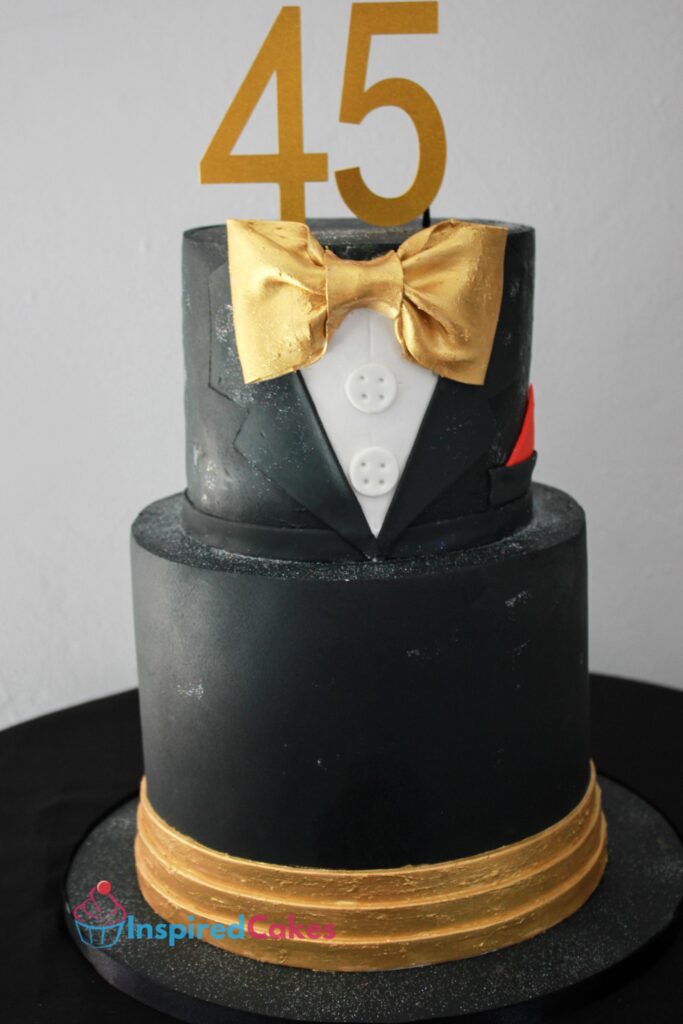 2 tier 45th birthday tuxedo cake