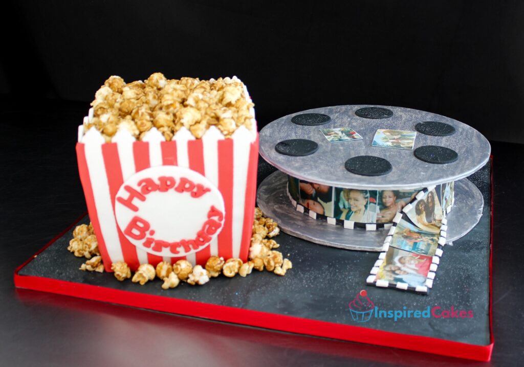 Popcorn and movie reel cake