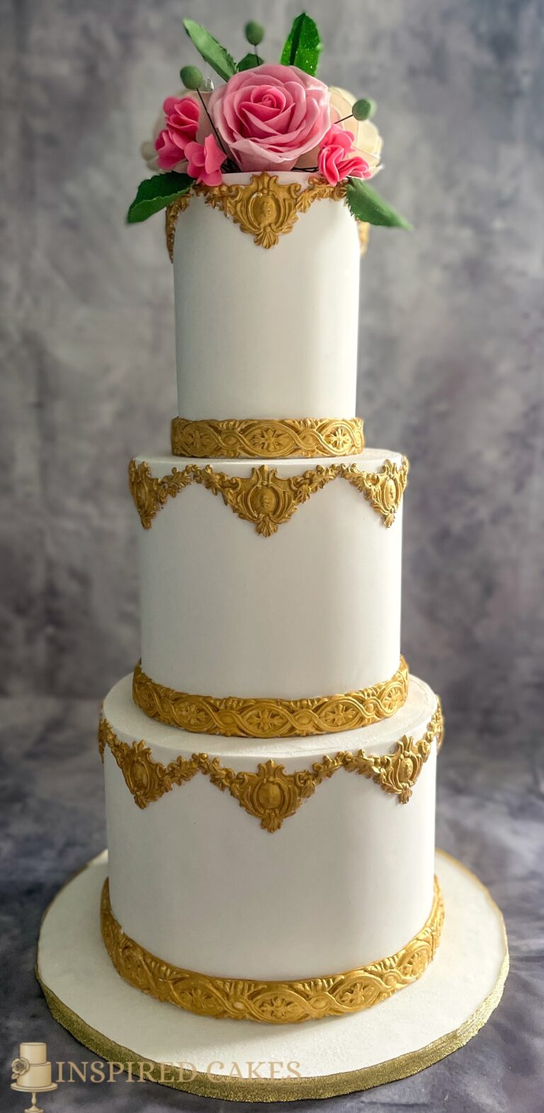 3 Tier Elegant Luxury White and Gold Wedding Cake with Flowers